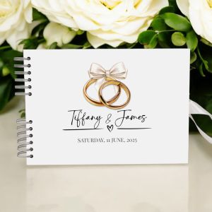 Custom White Ribbon and Golden Ring Wedding Guest Book with Different Page Options-No. 173
