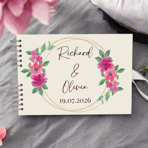 Custom Ivory and Pink Floral Gold Frame Wedding Guest Book with Different Page Options-No. 176