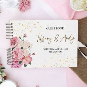 Custom Gold Glitter Pink White Flowers Wedding Guest Book with Different Page Options-No. 177