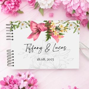 Custom Pink Ribbon & White Magnolia Wedding Guest Book with Different Page Options-No. 178