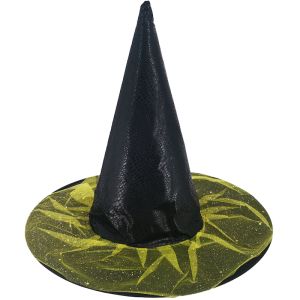 Leather Style With Gold Glitzy Brim Halloween Pointed Witches Hat 