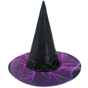 Leather Style With Purple Glitzy Brim Halloween Pointed Witches Hat 
