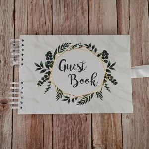 Good Size, Marble With Gold & Green Wreath Guestbook With Plain Pages 