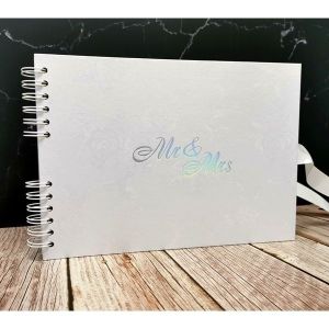 Good Size, White Rose Patterned Guestbook with Silver ‘Mr & Mrs' Message With 6x2 Slip-in Pages
