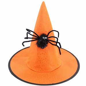 Orange Witches Pointed Hat with Spooky Spider Halloween Fancy Dress Accessory