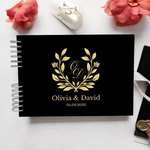 CUSTOM Black & Gold Floral Wreath Wedding Guest Book with Different Page Options-No. 238