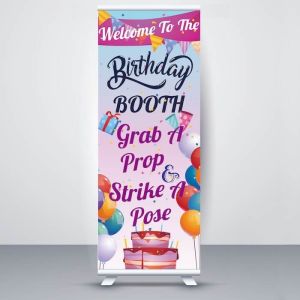 Pastel Pink & Purple Celebration Balloons ‘ Birthday Booth Strike A Pose’ Pop Up Roller Banner