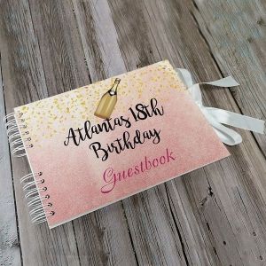 CUSTOM Pink with Gold Confetti & Champagne Bottle Guestbook with Different Page Options