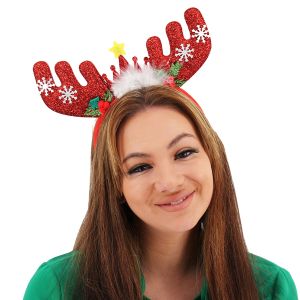 Red Glitzy Reindeer With Star Crown Christmas Headband