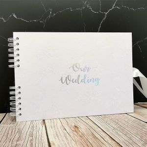 Good Size, White Rose Patterned Guestbook with Silver ‘Our Wedding' Message With 6x2 Slip-in Pages