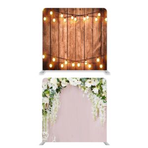 8ft*7.5ft Rustic Wood with Fairy Lights and Pastel Flowers on Pink Background Backdrop, With or Without Tension Frame