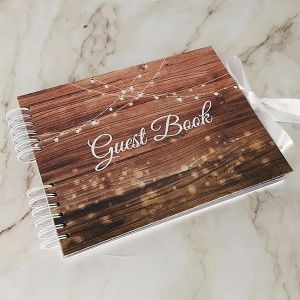 Good Size, Rustic Wood With Hanging Fairy Lights Guestbook With 6x4 Portrait Slip-in Pages