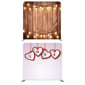 8ft*7.5ft Hanging Hearts of Love and Rustic Wood with Fairy Lights Backdrop, With or Without Tension Frame