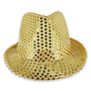 Sparkling Sequin Fedora Gangster Trilby Hat - Gold