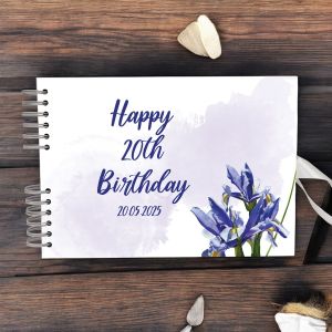 CUSTOM Blue Watercolour Lily Birthday Guest Book with Personalised Page Options – No. 251
