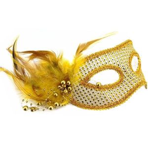 Stunning Feathered Diamante Mask In Gold   