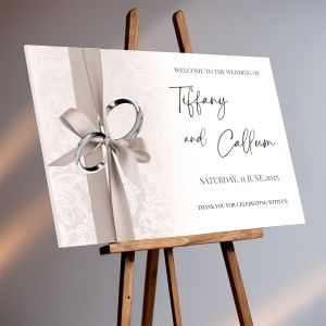 Custom Elegant Wedding Welcome Sign – PVC Board for Indoor/Outdoor Use – Grey Ribbon with Silver Ring Accent –No.018