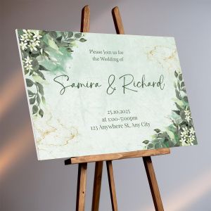 Custom Elegant Wedding Welcome Sign – PVC Board for Indoor/Outdoor Use – Watercolour Green Leaves Floral Lily Pattern –No.019