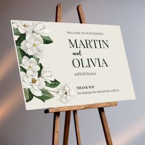 Custom Elegant Wedding Welcome Sign – PVC Board for Indoor/Outdoor Use – Green Magnolia Floral Design –No.022