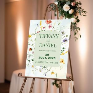Custom Elegant Wedding Welcome Sign – PVC Board for Indoor/Outdoor Use – Green and Colourful Rustic Floral Design –No.017