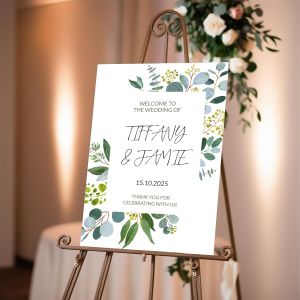 Custom Elegant Wedding Welcome Sign – PVC Board for Indoor/Outdoor Use – Green Boho Eucalyptus Foliage –No.020