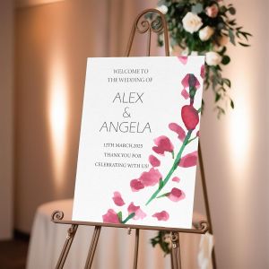 Custom Elegant Wedding Welcome Sign – PVC Board for Indoor/Outdoor Use – Pink Grey Watercolour Flowers –No.023