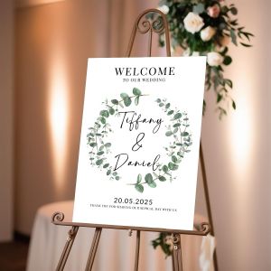 Custom Elegant Wedding Welcome Sign – PVC Board for Indoor/Outdoor Use – Green Rustic Eucalyptus Foliage Design –No.024