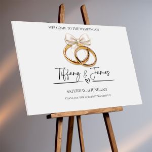 Custom Elegant Wedding Welcome Sign – PVC Board for Indoor/Outdoor Use –  White Ribbon and Golden Ring –No.013