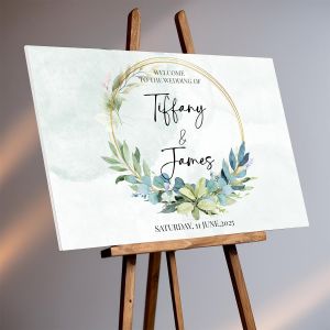 Custom Elegant Wedding Welcome Sign – PVC Board for Indoor/Outdoor Use – Gold Frame Green Watercolour Wreath –No.021