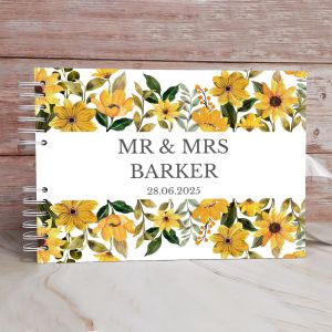 Custom Yellow Watercolour Sunflower Wedding Guest Book  with Different Page Options-No. 154