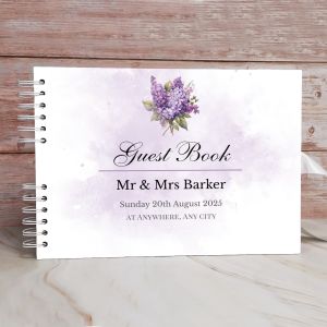 Custom Purple Lilac Bouquet Watercolor Wedding Guest Book with Different Page Options-No. 152