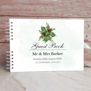 Custom Watercolour Holly Design Wedding Guest Book with Different Page Options-No. 155