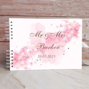 Custom Pink Flower Watercolor Wedding Guest Book with Different Page Options-No. 149