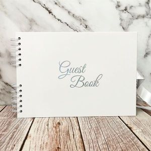 Good Size White Guestbook with Silver ‘Guest book ‘ Message With 6x2 Printed Pages 
