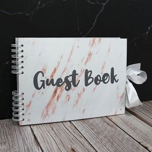 Good Size White Marble Guestbook With Black ‘Guest Book’ Message With 6x4 Landscape Slip-in Pages 