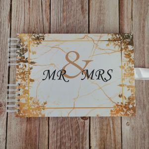 Good Size, White Marble Gold Leaf 'Mr & Mrs' Guestbook With Plain Pages