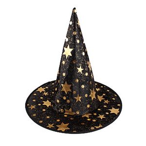 Black & Gold Stars Wizard & Witches Pointed Hat Halloween Fancy Dress Accessory