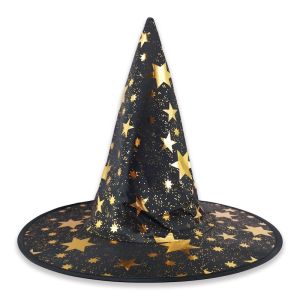 Halloween Gold Star Print Wizard Witches Hat – Black
