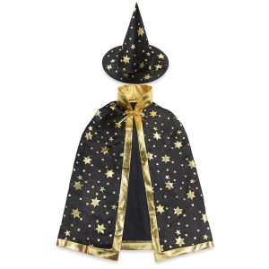 Halloween Gold Star Print Wizard Witches Hat & Cloak Set – Black