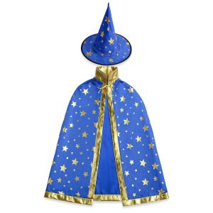 Halloween Gold Star Print Wizard Witches Hat & Cloak Set – Blue