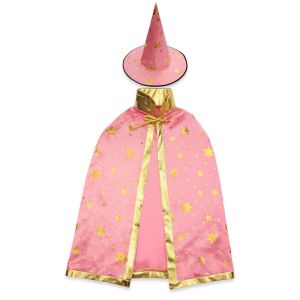 Halloween Gold Star Print Wizard Witches Hat & Cloak Set – Pink