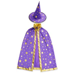 Halloween Gold Star Print Wizard Witches Hat & Cloak Set – Purple