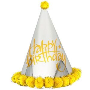 Yellow & Silver Holographic ‘Happy Birthday’ Paper Hat