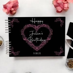 CUSTOM Black & Pink Heart Guest Book with Personalised Page Options – No. 253